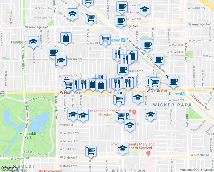 map of restaurants, bars, coffee shops, grocery stores, and more near 1638 North Campbell Avenue in Chicago