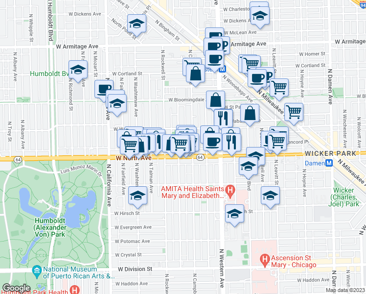 map of restaurants, bars, coffee shops, grocery stores, and more near 1638 North Campbell Avenue in Chicago
