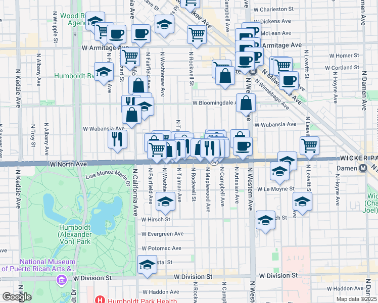 map of restaurants, bars, coffee shops, grocery stores, and more near 1639 North Talman Avenue in Chicago