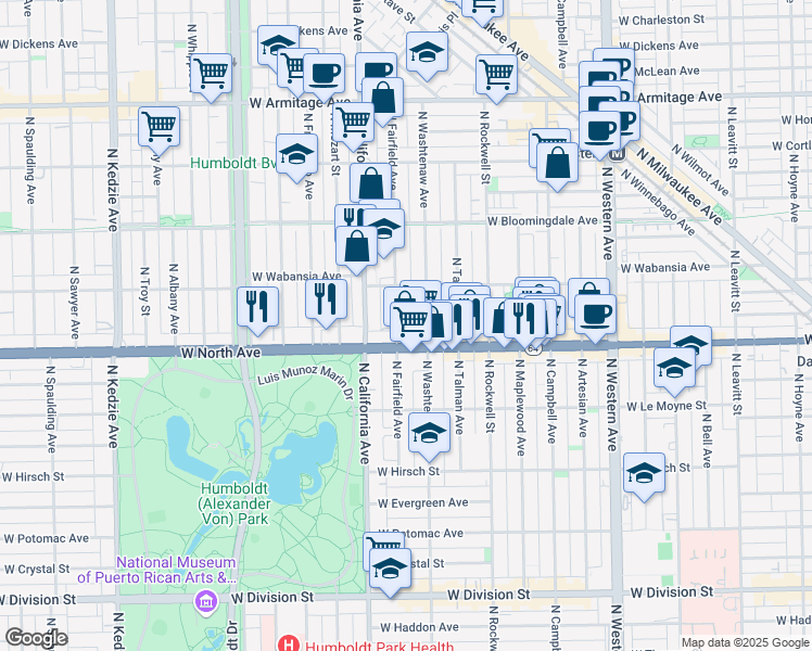 map of restaurants, bars, coffee shops, grocery stores, and more near 1642 North Fairfield Avenue in Chicago