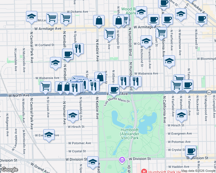 map of restaurants, bars, coffee shops, grocery stores, and more near in Chicago