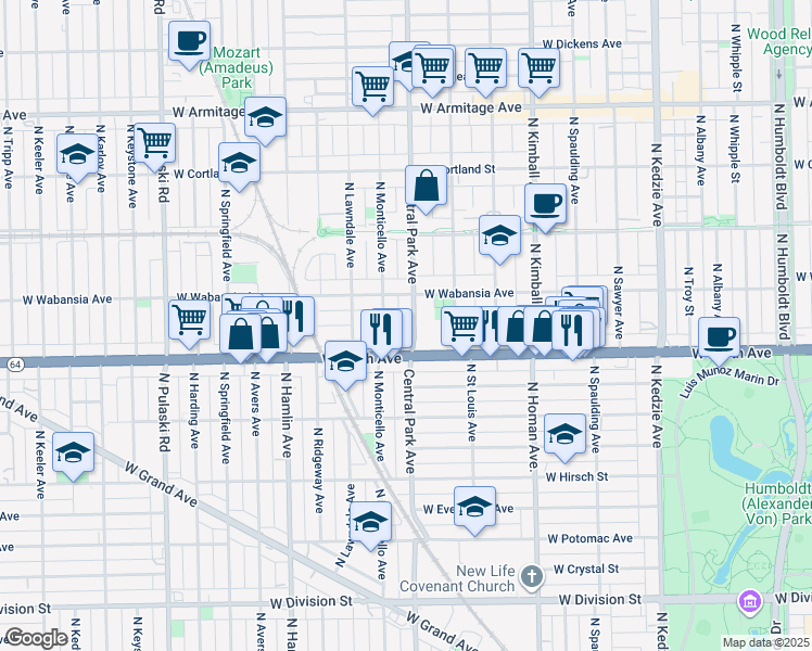 map of restaurants, bars, coffee shops, grocery stores, and more near 1648 North Central Park Avenue in Chicago