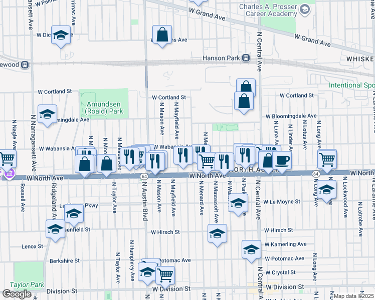 map of restaurants, bars, coffee shops, grocery stores, and more near 1711 North Mayfield Avenue in Chicago
