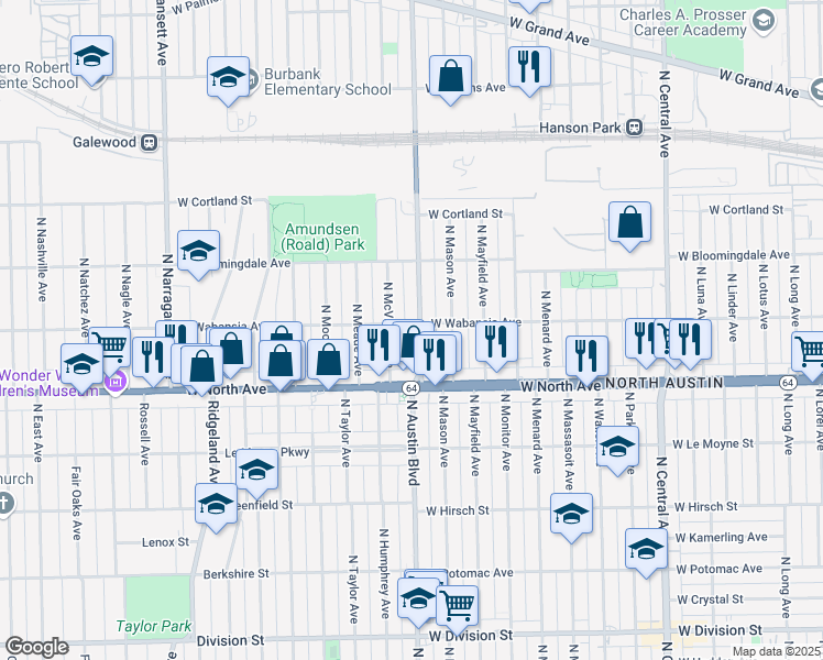 map of restaurants, bars, coffee shops, grocery stores, and more near 1712 North Austin Avenue in Chicago