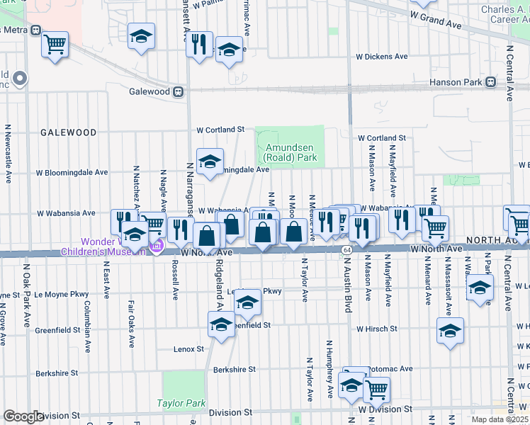 map of restaurants, bars, coffee shops, grocery stores, and more near 1713 North Melvina Avenue in Chicago