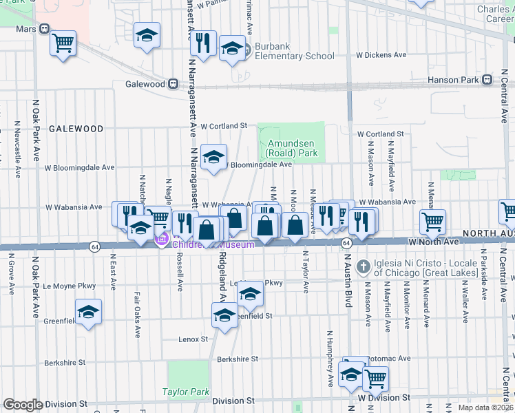 map of restaurants, bars, coffee shops, grocery stores, and more near 6221 West Wabansia Avenue in Chicago
