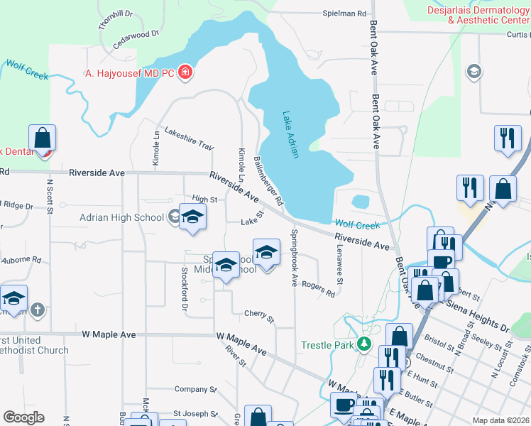 map of restaurants, bars, coffee shops, grocery stores, and more near 535 Riverside Avenue in Adrian