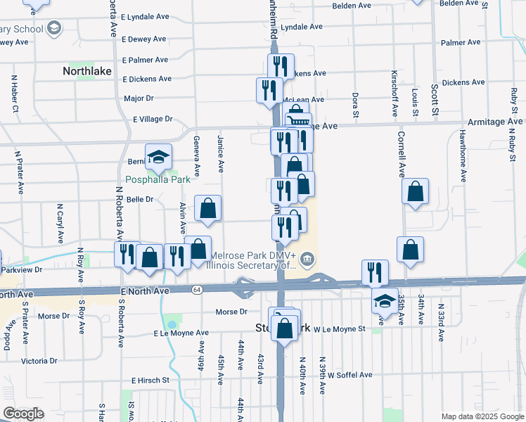 map of restaurants, bars, coffee shops, grocery stores, and more near 2129 N Mannheim Rd in Melrose Park
