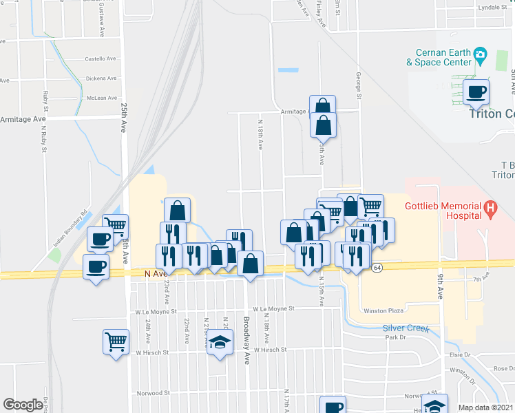 map of restaurants, bars, coffee shops, grocery stores, and more near 1962 North 18th Avenue in Melrose Park