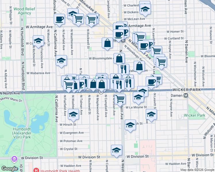 map of restaurants, bars, coffee shops, grocery stores, and more near 1638 North Campbell Avenue in Chicago