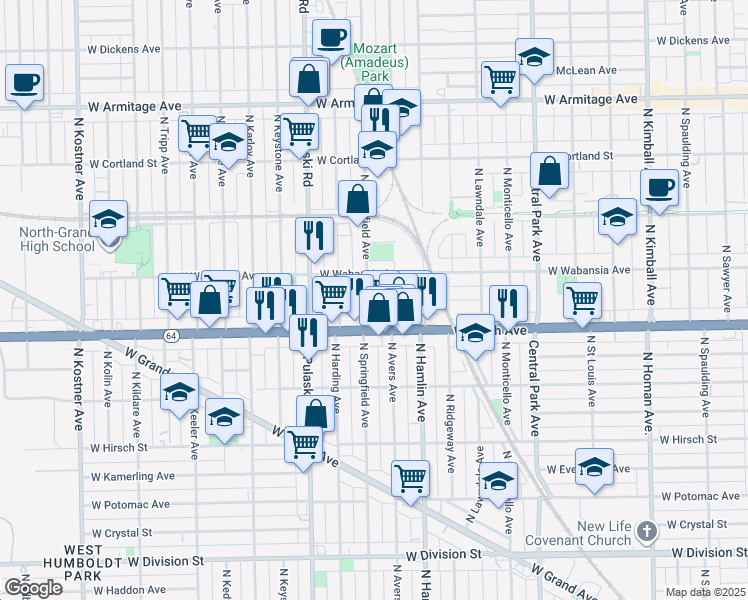 map of restaurants, bars, coffee shops, grocery stores, and more near 1631 North Springfield Avenue in Chicago
