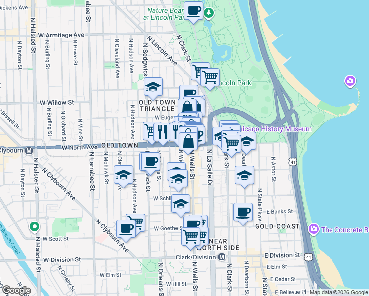 map of restaurants, bars, coffee shops, grocery stores, and more near 234 West North Avenue in Chicago