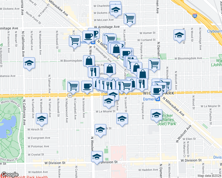 map of restaurants, bars, coffee shops, grocery stores, and more near 1638 North Bell Avenue in Chicago
