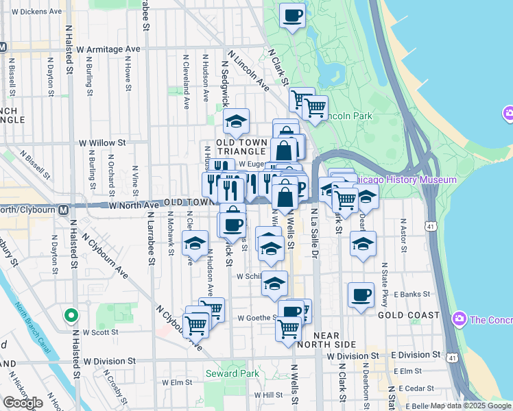 map of restaurants, bars, coffee shops, grocery stores, and more near 1552 North North Park Avenue in Chicago