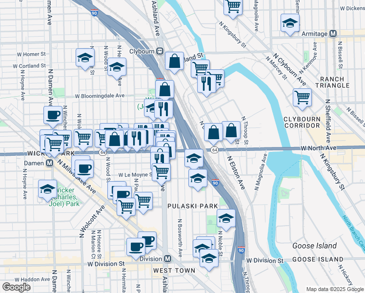 map of restaurants, bars, coffee shops, grocery stores, and more near 1520 West Chicago Avenue in Chicago
