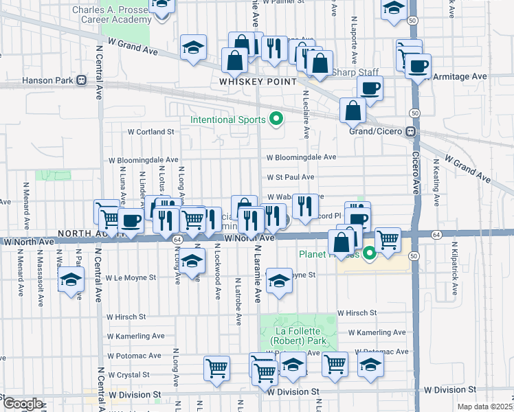 map of restaurants, bars, coffee shops, grocery stores, and more near 5206 West Wabansia Avenue in Chicago