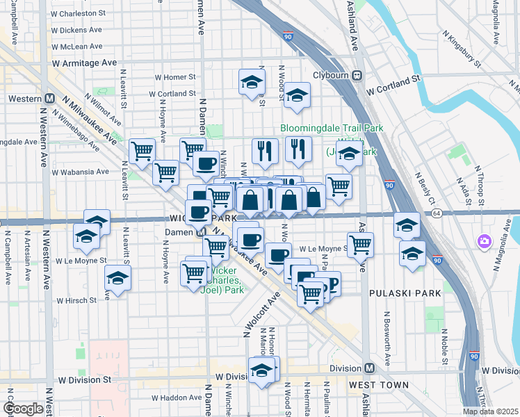 map of restaurants, bars, coffee shops, grocery stores, and more near 1610 North Honore Street in Chicago