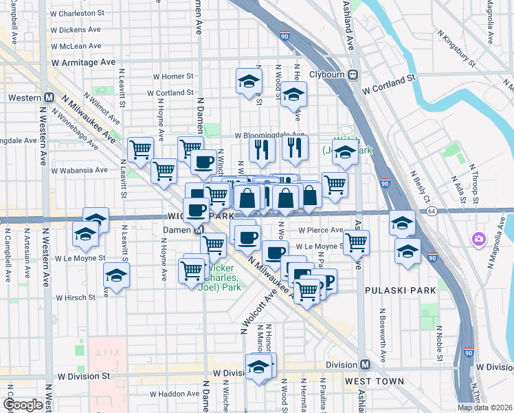 map of restaurants, bars, coffee shops, grocery stores, and more near 1610 North Honore Street in Chicago