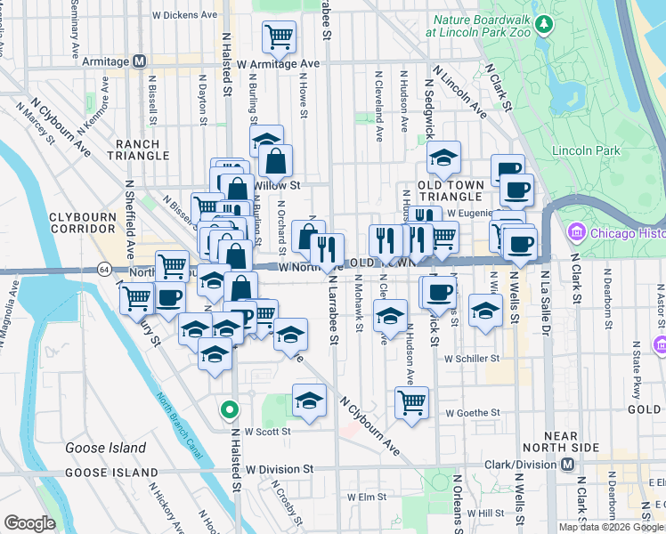 map of restaurants, bars, coffee shops, grocery stores, and more near W North Ave & N Larrabee St in Chicago