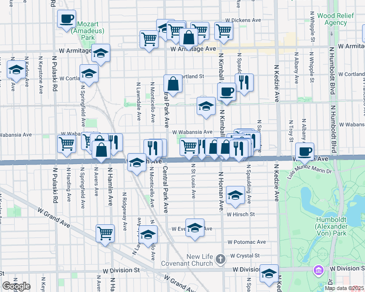 map of restaurants, bars, coffee shops, grocery stores, and more near 1628 North Drake Avenue in Chicago