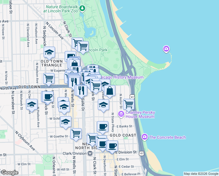 map of restaurants, bars, coffee shops, grocery stores, and more near 1544 North State Street in Chicago