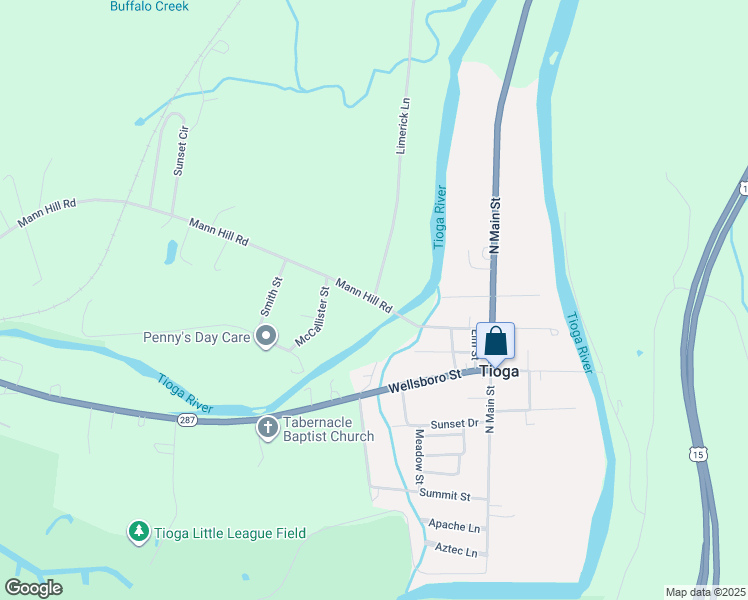 map of restaurants, bars, coffee shops, grocery stores, and more near Mann Hill Road in Tioga
