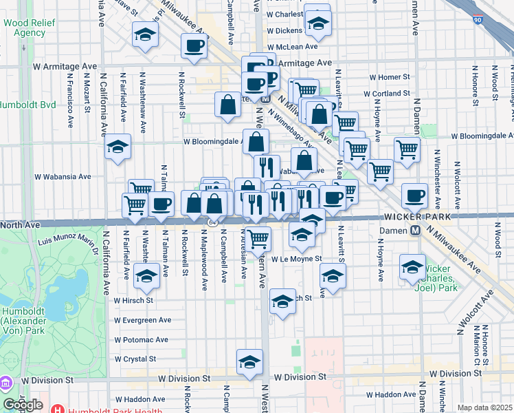 map of restaurants, bars, coffee shops, grocery stores, and more near 1635 North Western Avenue in Chicago