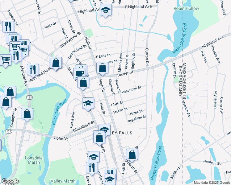 map of restaurants, bars, coffee shops, grocery stores, and more near 24 Kinsman Street in Cumberland