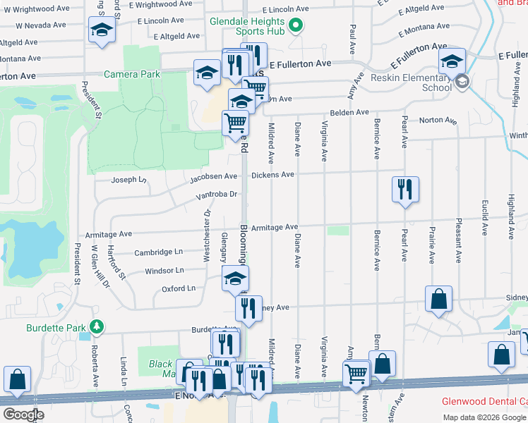 map of restaurants, bars, coffee shops, grocery stores, and more near 2N462 Mildred Avenue in Glen Ellyn