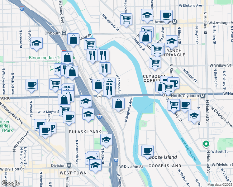 map of restaurants, bars, coffee shops, grocery stores, and more near 1628 North Ada Street in Chicago