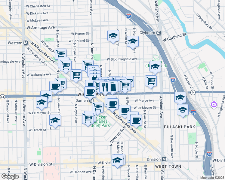map of restaurants, bars, coffee shops, grocery stores, and more near 1615 North Wolcott Avenue in Chicago