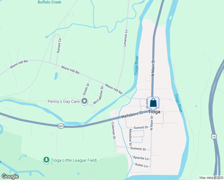 map of restaurants, bars, coffee shops, grocery stores, and more near Mann Hill Road in Tioga