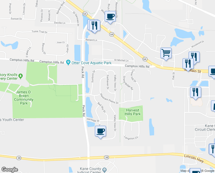 map of restaurants, bars, coffee shops, grocery stores, and more near 270 Fairhaven Drive in St. Charles