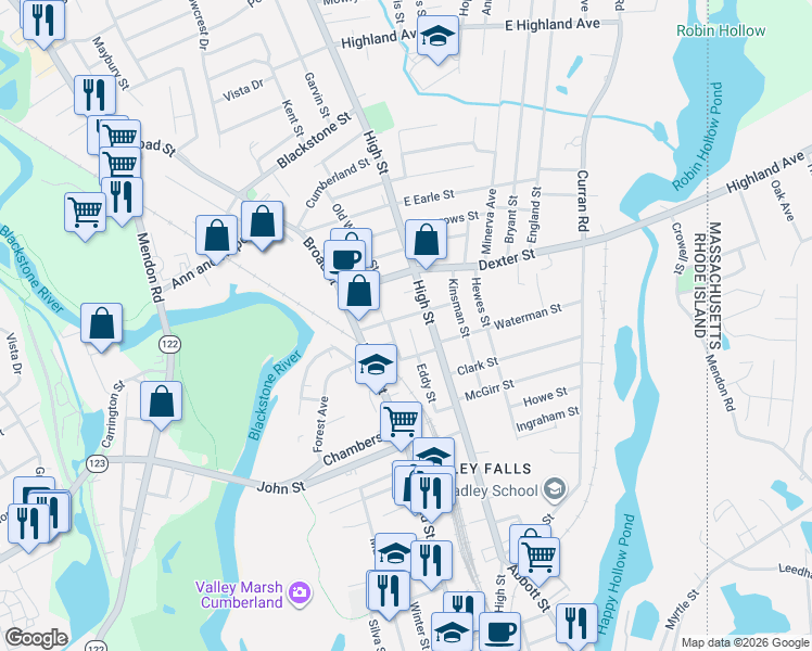 map of restaurants, bars, coffee shops, grocery stores, and more near 20 Pleasant Street in Cumberland
