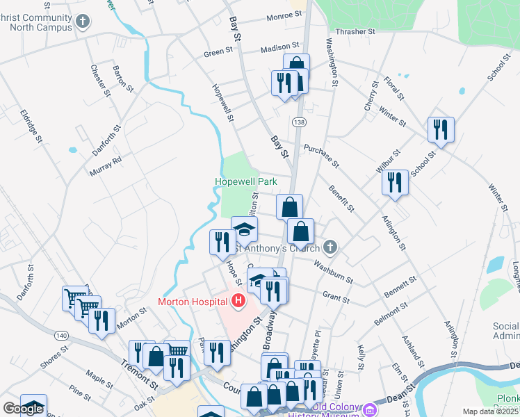 map of restaurants, bars, coffee shops, grocery stores, and more near 22 Dartmouth Street in Taunton