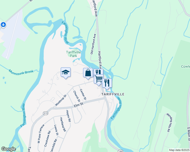map of restaurants, bars, coffee shops, grocery stores, and more near 15 Main Street in Simsbury