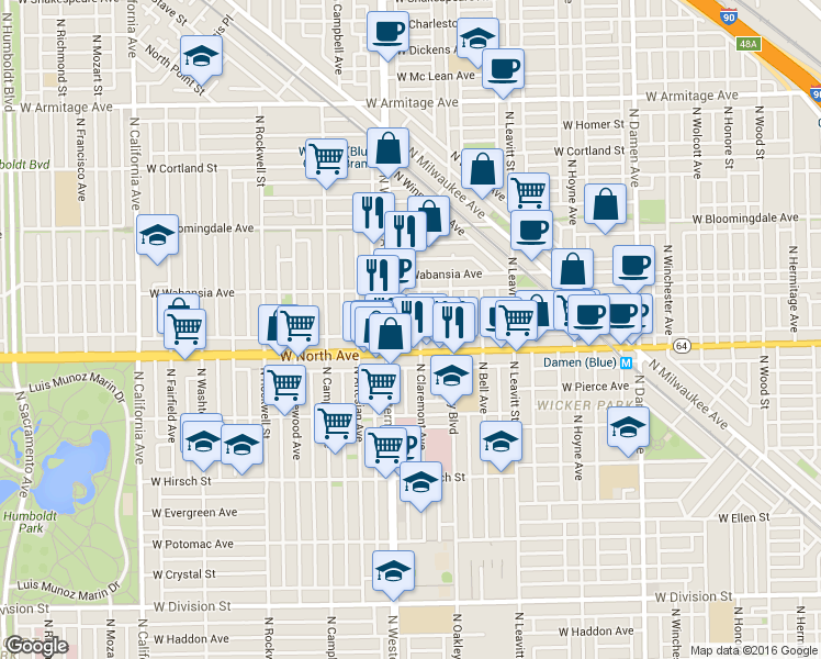 map of restaurants, bars, coffee shops, grocery stores, and more near 1635 North Western Avenue in Chicago