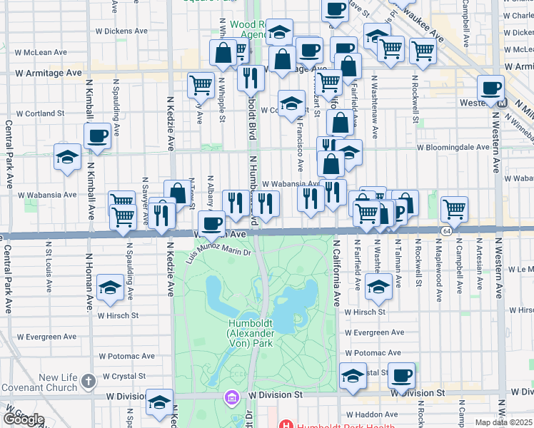 map of restaurants, bars, coffee shops, grocery stores, and more near 1642 North Richmond Street in Chicago