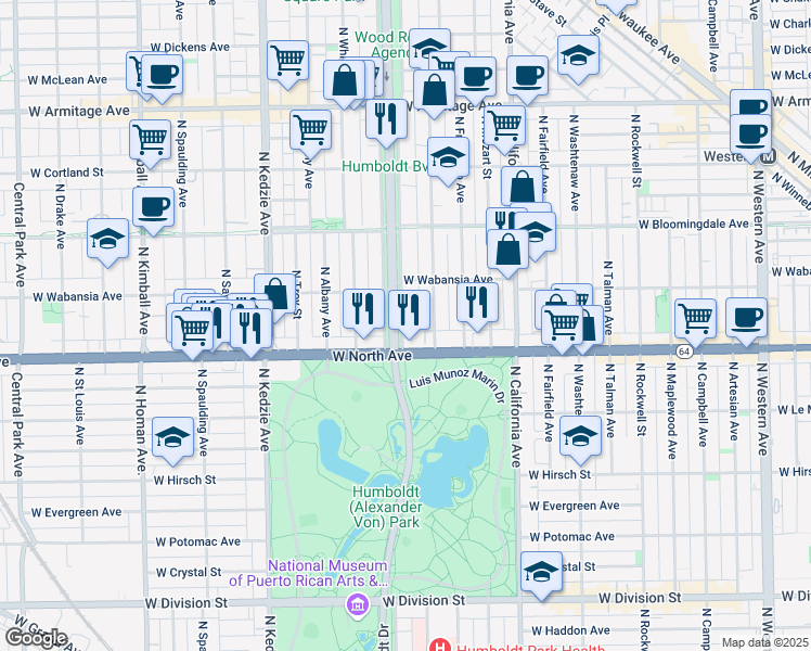 map of restaurants, bars, coffee shops, grocery stores, and more near in Chicago