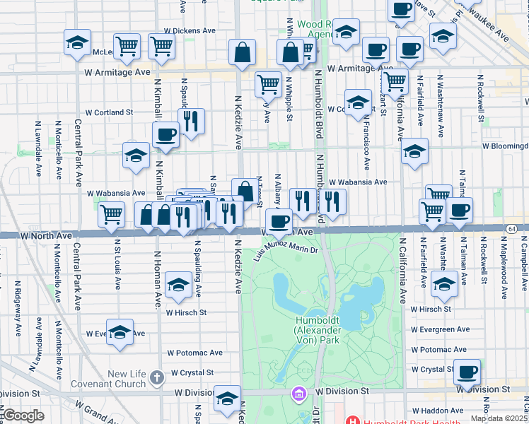 map of restaurants, bars, coffee shops, grocery stores, and more near in Chicago