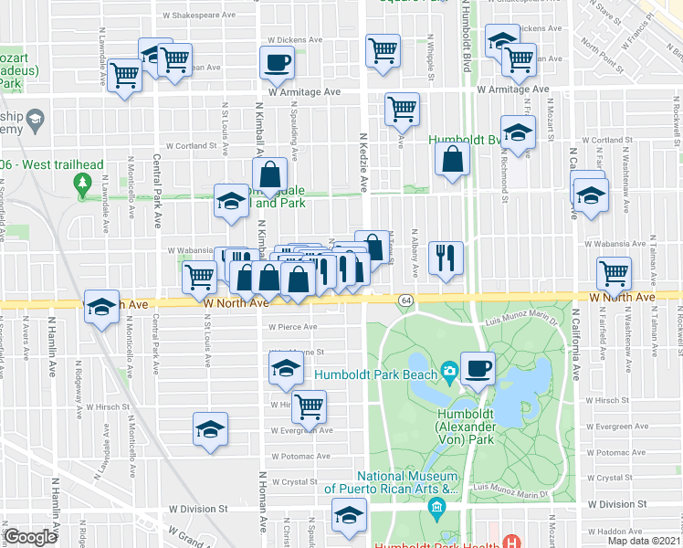 map of restaurants, bars, coffee shops, grocery stores, and more near 1647 North Sawyer Avenue in Chicago