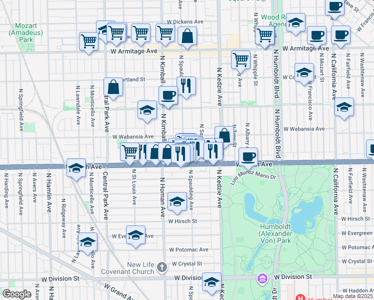 map of restaurants, bars, coffee shops, grocery stores, and more near 1643 North Spaulding Avenue in Chicago