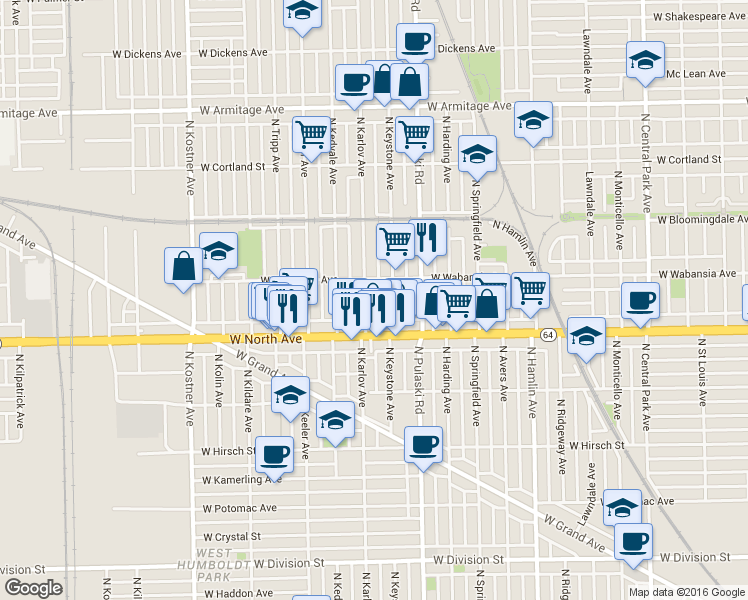 map of restaurants, bars, coffee shops, grocery stores, and more near 1654 North Karlov Avenue in Chicago