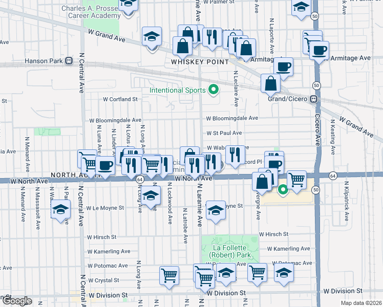 map of restaurants, bars, coffee shops, grocery stores, and more near 5206 a West Wabansia Avenue in Chicago