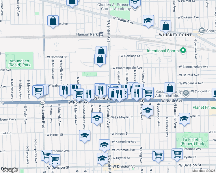 map of restaurants, bars, coffee shops, grocery stores, and more near 1707 North Parkside Avenue in Chicago