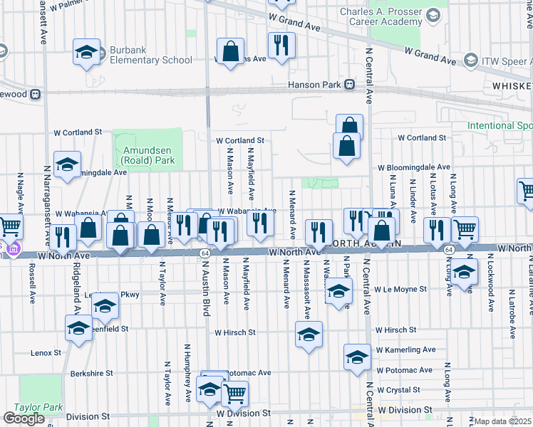 map of restaurants, bars, coffee shops, grocery stores, and more near 1711 North Mayfield Avenue in Chicago