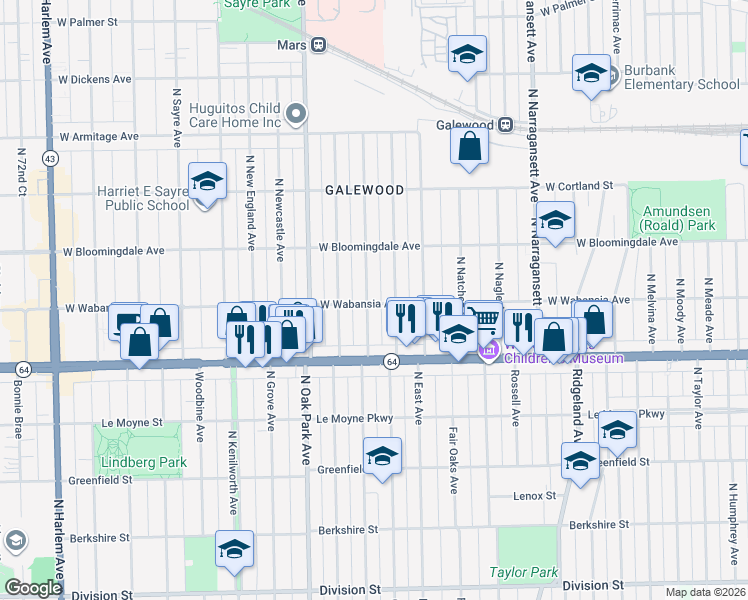 map of restaurants, bars, coffee shops, grocery stores, and more near 1717 North Normandy Avenue in Chicago