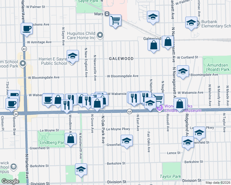 map of restaurants, bars, coffee shops, grocery stores, and more near 1719 North Rutherford Avenue in Chicago