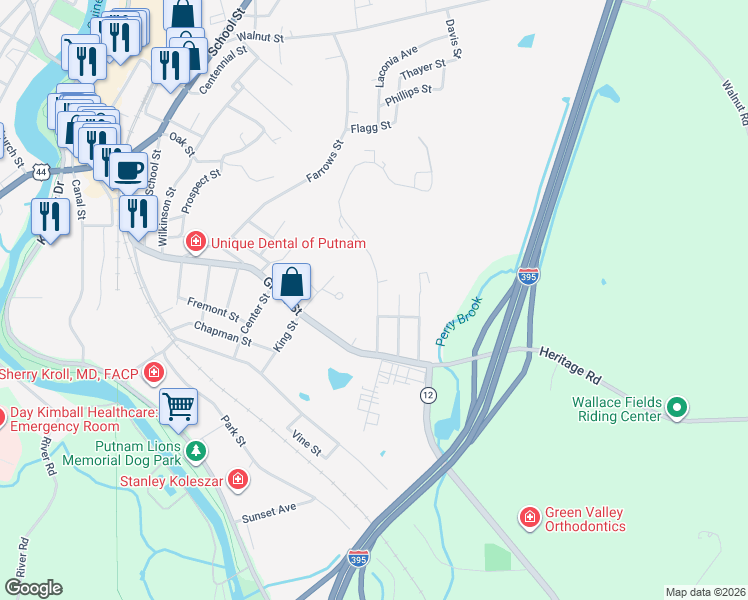 map of restaurants, bars, coffee shops, grocery stores, and more near 84 Perry Street in Putnam