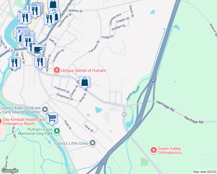 map of restaurants, bars, coffee shops, grocery stores, and more near 80 Perry Street in Putnam